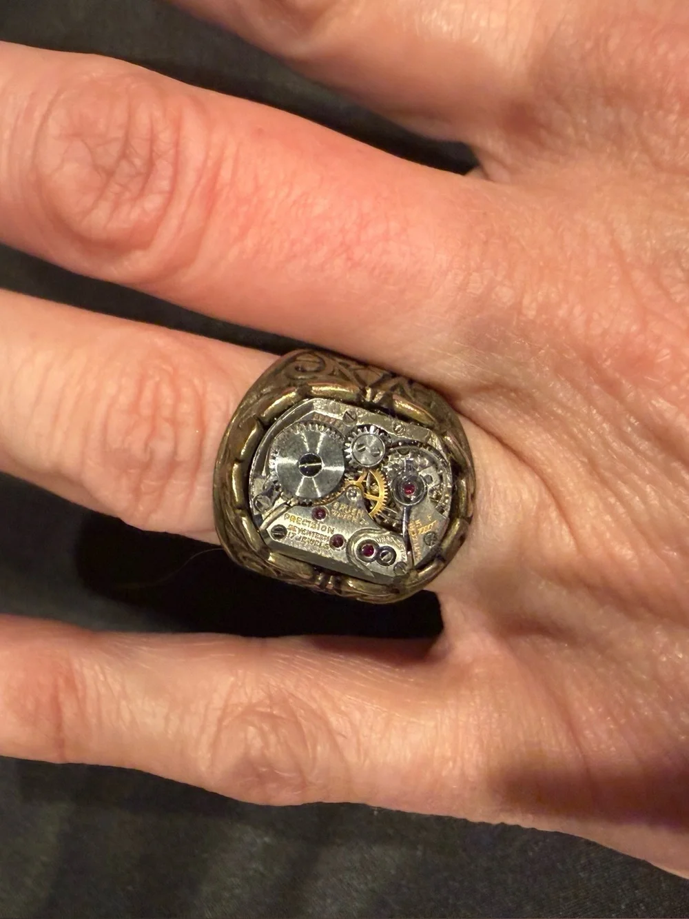 Artist Made Steampunk Watch Movement Ring Vintage Gruen 17 Jewel Filigree Brass